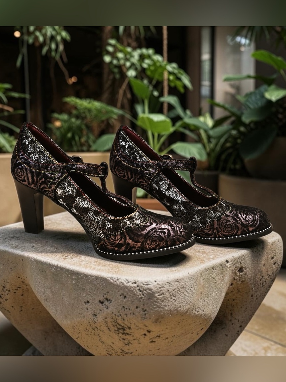 L'Artiste Mazie Black Leather Floral Mosaic T-Bar Heels - Spring Step Mary Jane